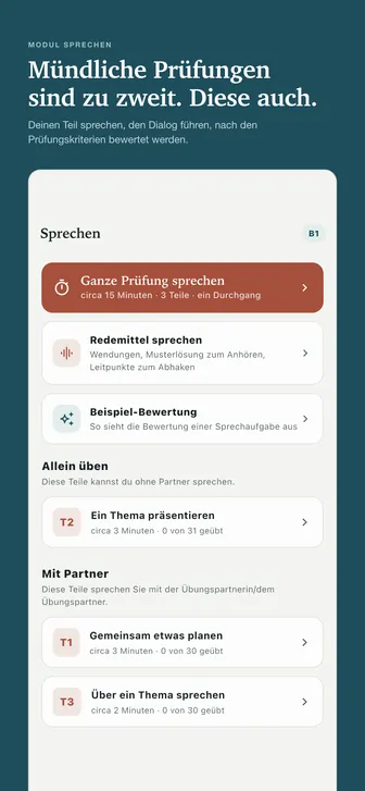 Mündliche Prüfungen sind zu zweit. Diese auch. — Deinen Teil sprechen, den Dialog führen, nach den Prüfungskriterien bewertet werden.