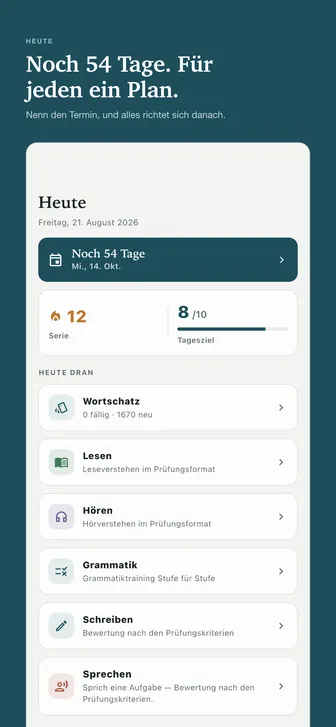 Noch 54 Tage. Für jeden ein Plan. — Nenn den Termin, und alles richtet sich danach.
