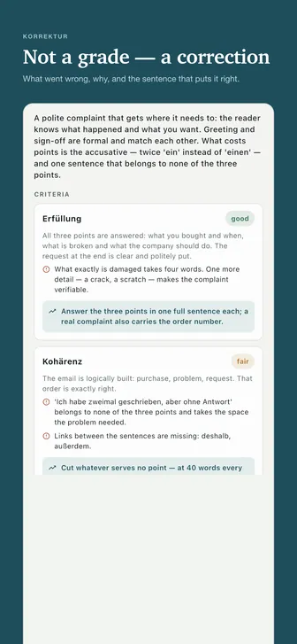 Not a grade — a correction — What went wrong, why, and the sentence that puts it right.