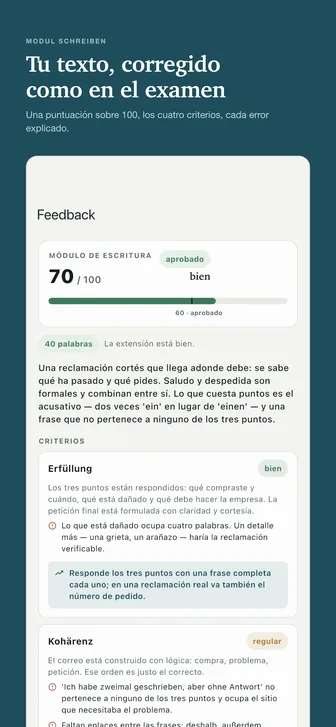 Tu texto, corregido como en el examen — Una puntuación sobre 100, los cuatro criterios, cada error explicado.