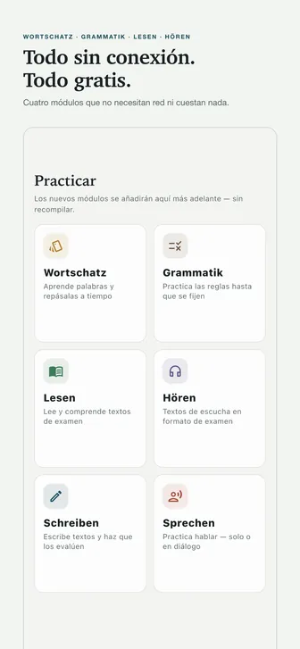 Todo sin conexión. Todo gratis. — Cuatro módulos que no necesitan red ni cuestan nada.