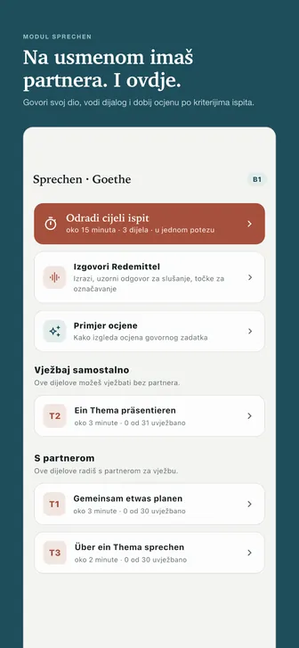 Na usmenom imaš partnera. I ovdje. — Govori svoj dio, vodi dijalog i dobij ocjenu po kriterijima ispita.