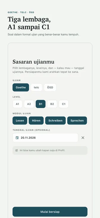 Tiga lembaga, A1 sampai C1 — Soal dalam format ujian yang benar-benar kamu tempuh.