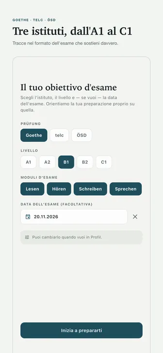 Tre istituti, dall'A1 al C1 — Tracce nel formato dell'esame che sostieni davvero.