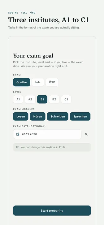Three institutes, A1 to C1 — Tasks in the format of the exam you are actually sitting.