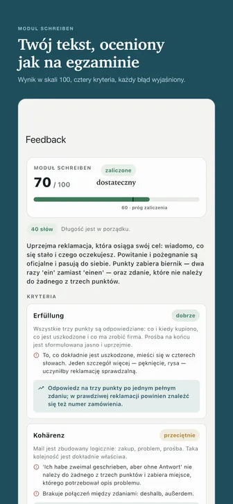 Twój tekst, oceniony jak na egzaminie — Wynik w skali 100, cztery kryteria, każdy błąd wyjaśniony.