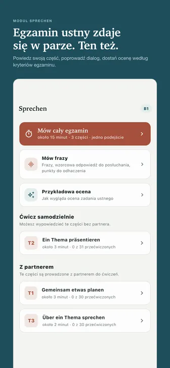 Egzamin ustny zdaje się w parze. Ten też. — Powiedz swoją część, poprowadź dialog, dostań ocenę według kryteriów egzaminu.
