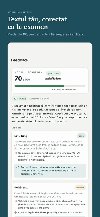 Textul tău, corectat ca la examen — Punctaj din 100, cele patru criterii, fiecare greșeală explicată.