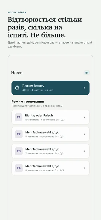 Відтворюється стільки разів, скільки на іспиті. Не більше. — Деякі частини двічі, деякі один раз — з часом на читання, який дає бланк.